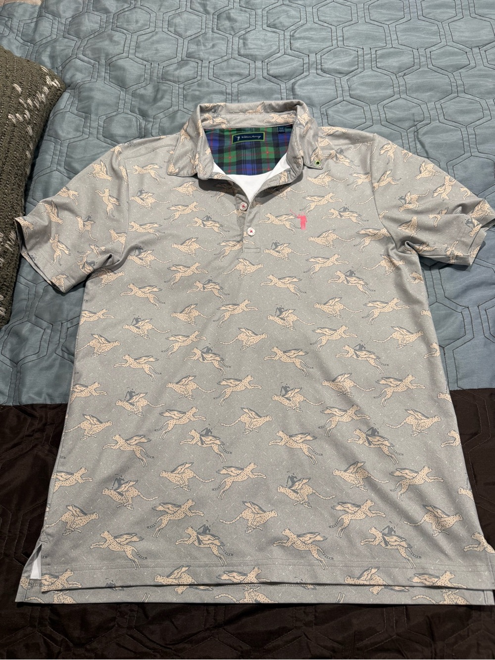 William Murray Mens Golf Shirt Sz.S/Gray/Kitty Kitty Print Polo/Spandex Blend